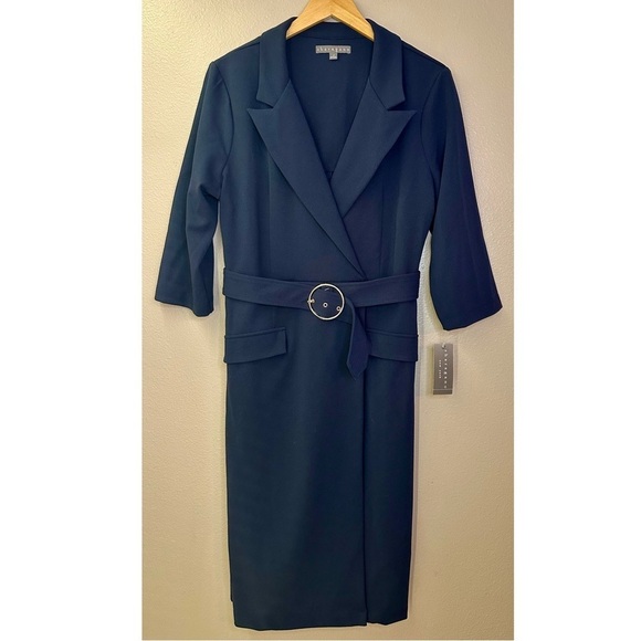 NWT Sharagano Notched Collar 3/4 Sleeve Solid Belted Stretch Crepe Dress Navy - Picture 4 of 13